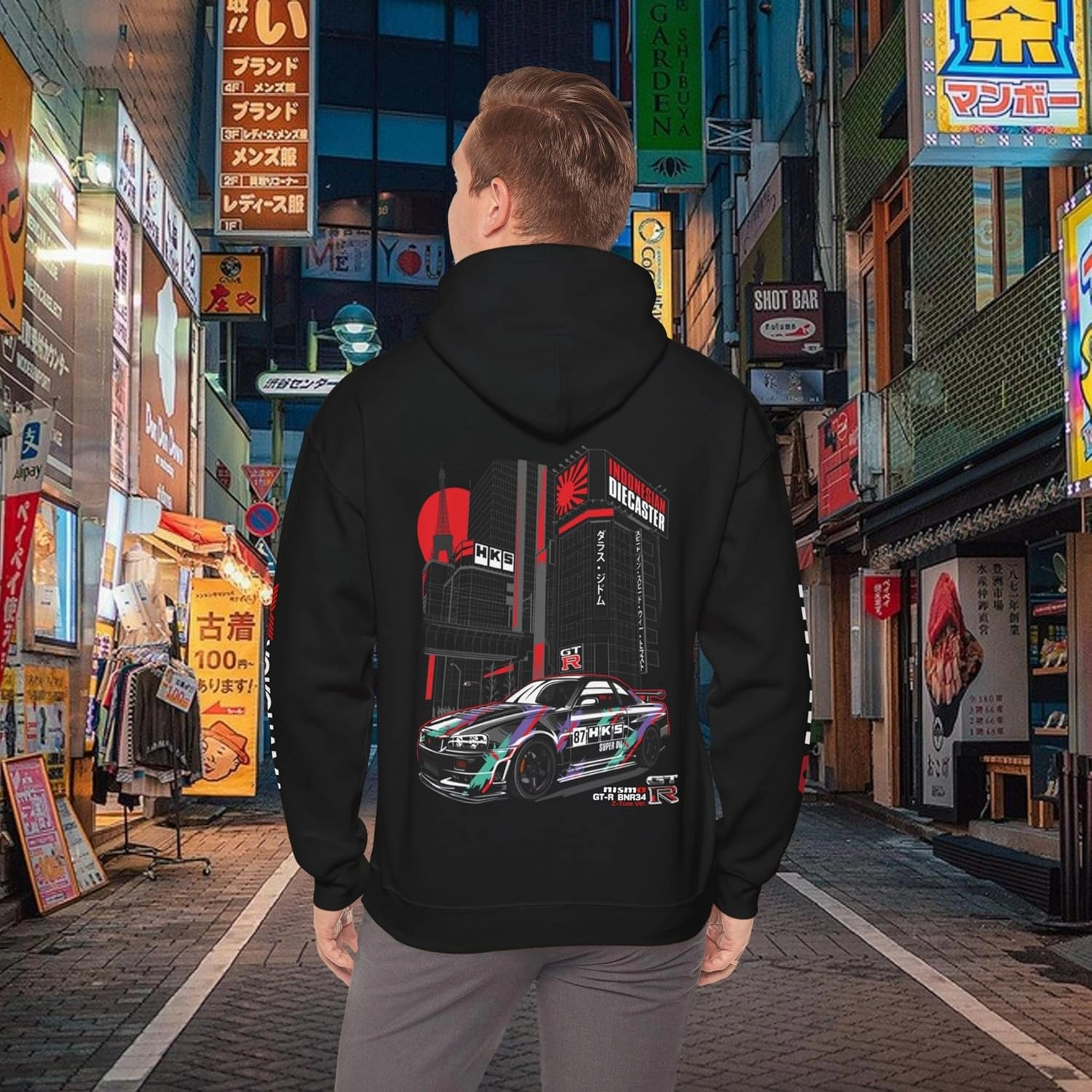 Skyline R34 HKS GTR Premium Hoodie - Skyline Pullover, Racing Apparel, Streetwear, Gift for Him, Automotive Clothing