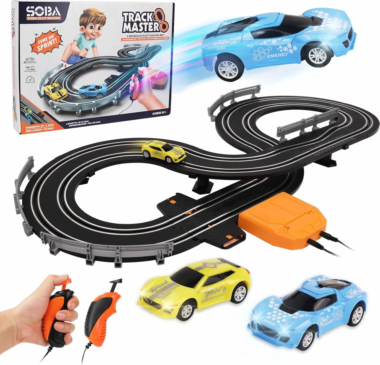 Slot Car Race Track Sets for Kids Toys, with Two Slot Cars and Two Handles to Control The Speed, Circular Overpass Race Track, Two Players Game Suitable for Children