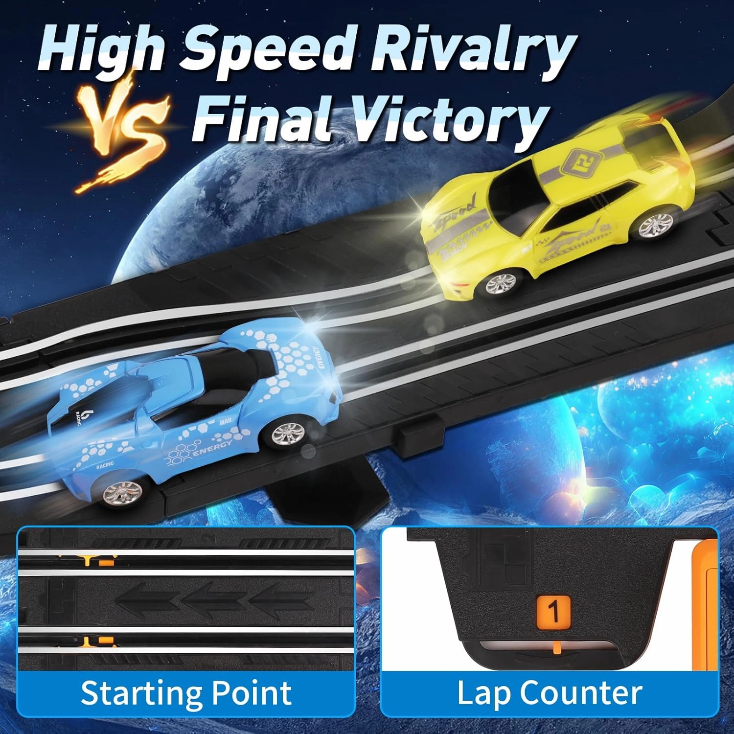 Slot Car Race Track Sets for Kids Toys, with Two Slot Cars and Two Handles to Control The Speed, Circular Overpass Race Track, Two Players Game Suitable for Children