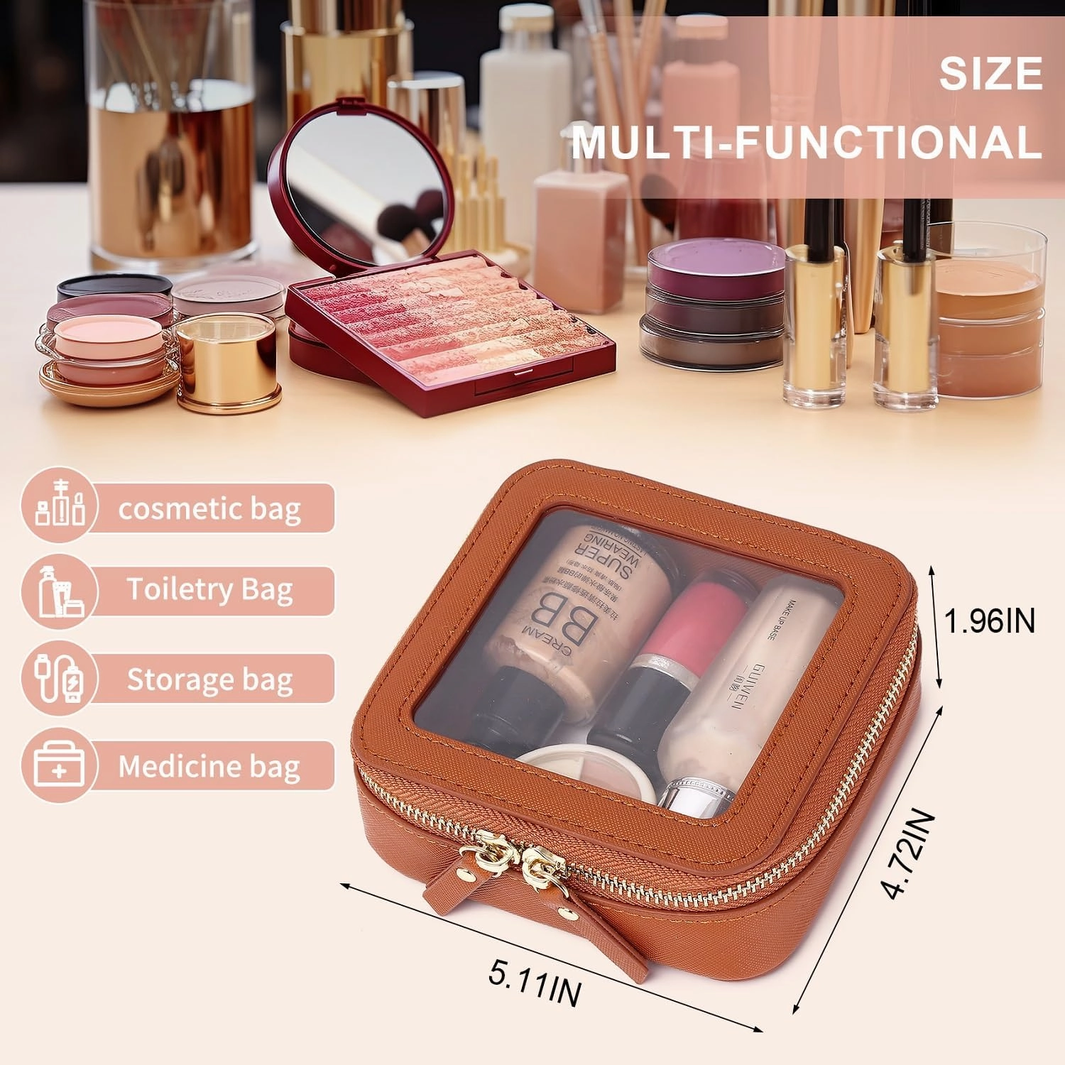 Small Makeup Bag Clear Mini Cosmetic Makeup Case & Toiletry Bag with Zipper Women's Purse Organizer & Car Essentials (X/Brown, MINI)
