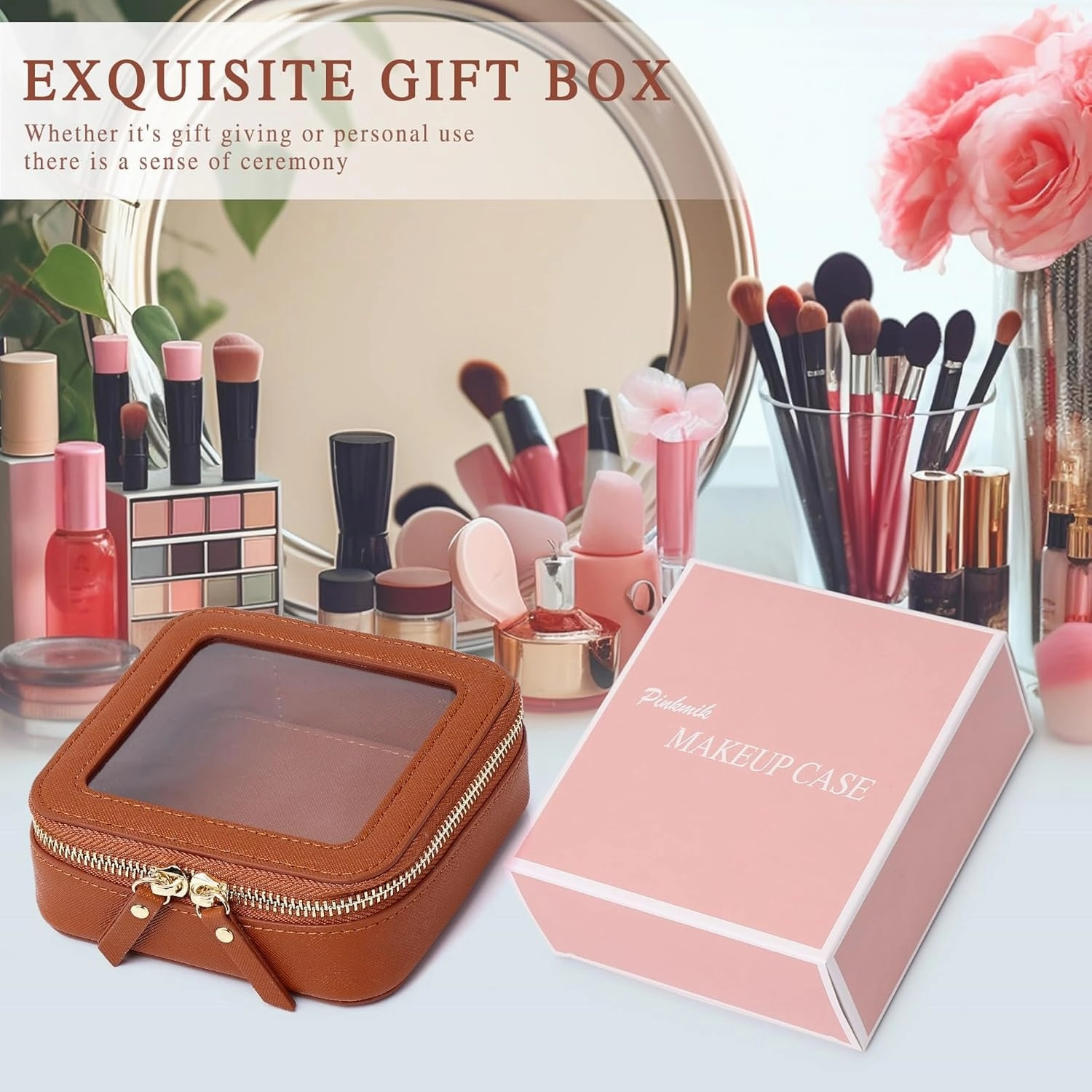 Small Makeup Bag Clear Mini Cosmetic Makeup Case & Toiletry Bag with Zipper Women's Purse Organizer & Car Essentials (X/Brown, MINI)