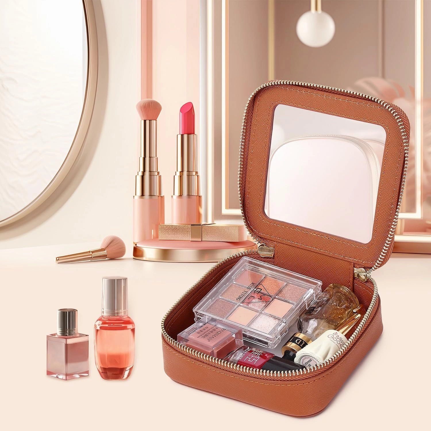 Small Makeup Bag Clear Mini Cosmetic Makeup Case & Toiletry Bag with Zipper Women's Purse Organizer & Car Essentials (X/Brown, MINI)