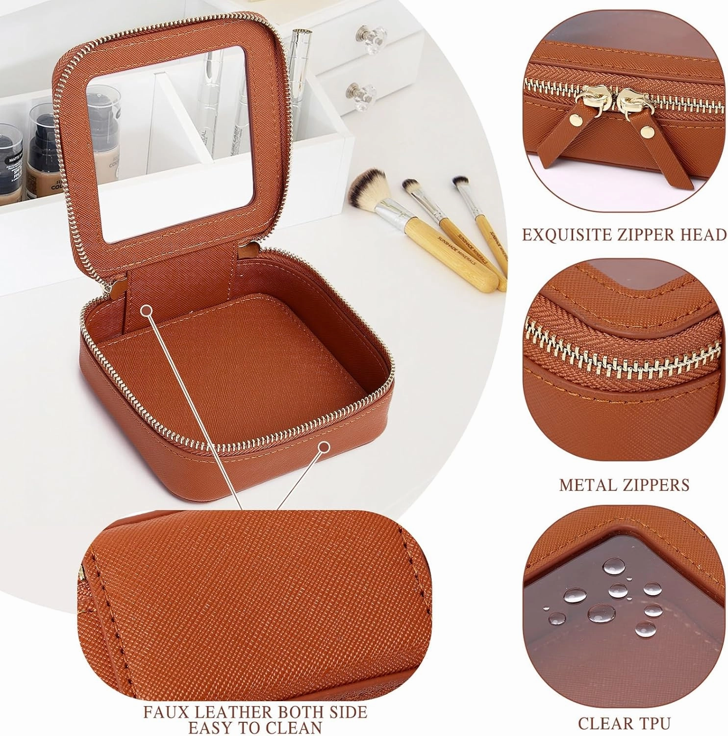 Small Makeup Bag Clear Mini Cosmetic Makeup Case & Toiletry Bag with Zipper Women's Purse Organizer & Car Essentials (X/Brown, MINI)