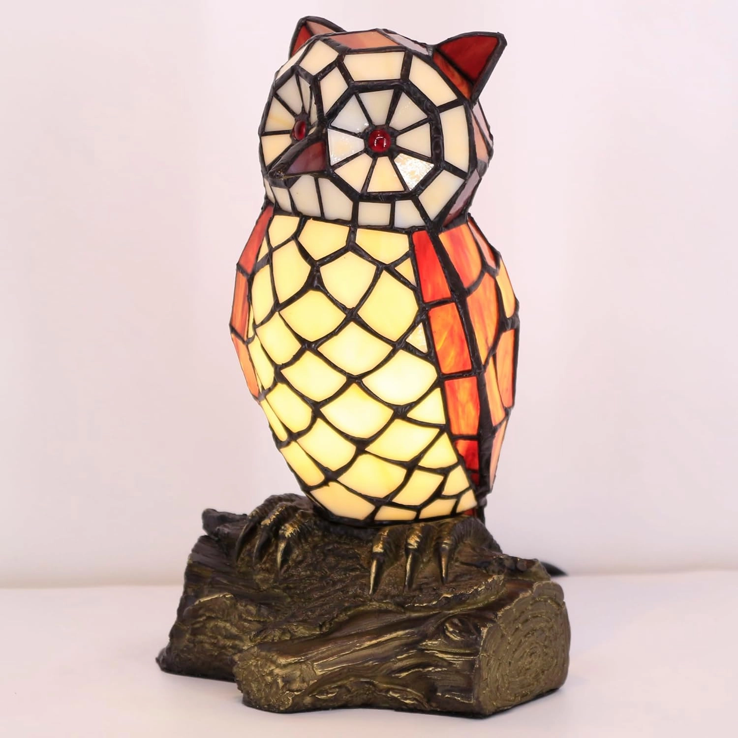 Small Tiffany Lamp Stained Glass Animal Table Lamp Mini Accent Desk Night Light (White Red Owl)