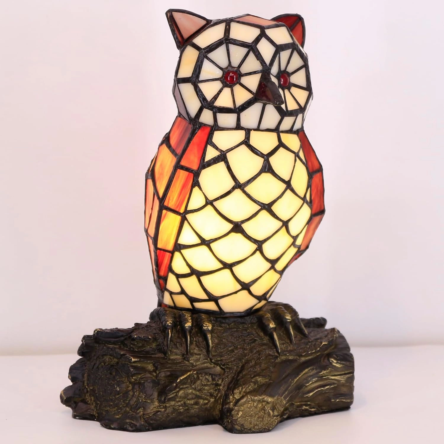 Small Tiffany Lamp Stained Glass Animal Table Lamp Mini Accent Desk Night Light (White Red Owl)