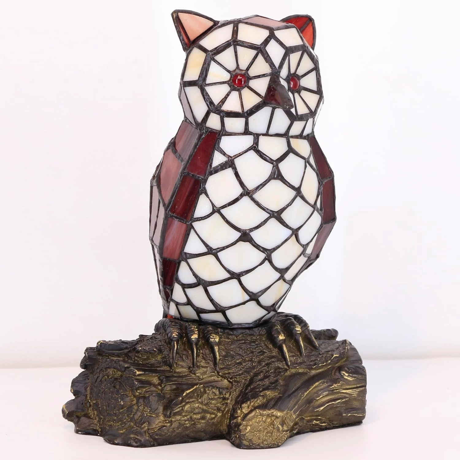 Small Tiffany Lamp Stained Glass Animal Table Lamp Mini Accent Desk Night Light (White Red Owl)