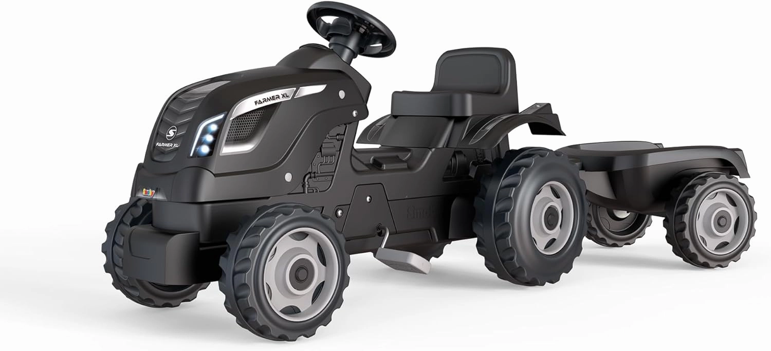 Smoby - Farmer XL Black Tractor   Trailer - Child Pedal Tractor - Adjustable Seat - Steering Wheel with Horn - Open Hood - for Ages 3  - Made in France