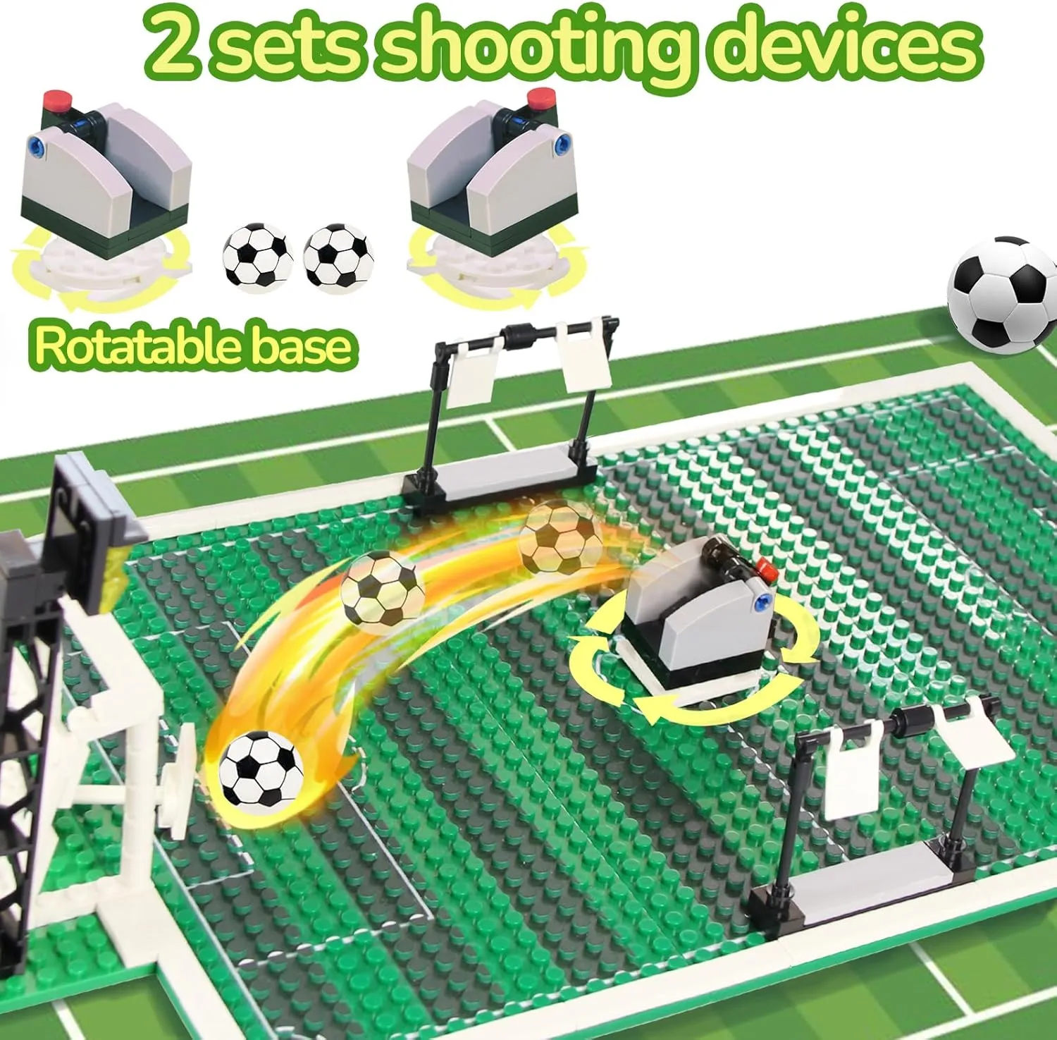 Soccer Playset Building Blocks, Football Court Baseplate Brick with Football Goals, launchers Bricks, 2 Footballs, Soccer Building Bricks SetCompatible with Major Brands