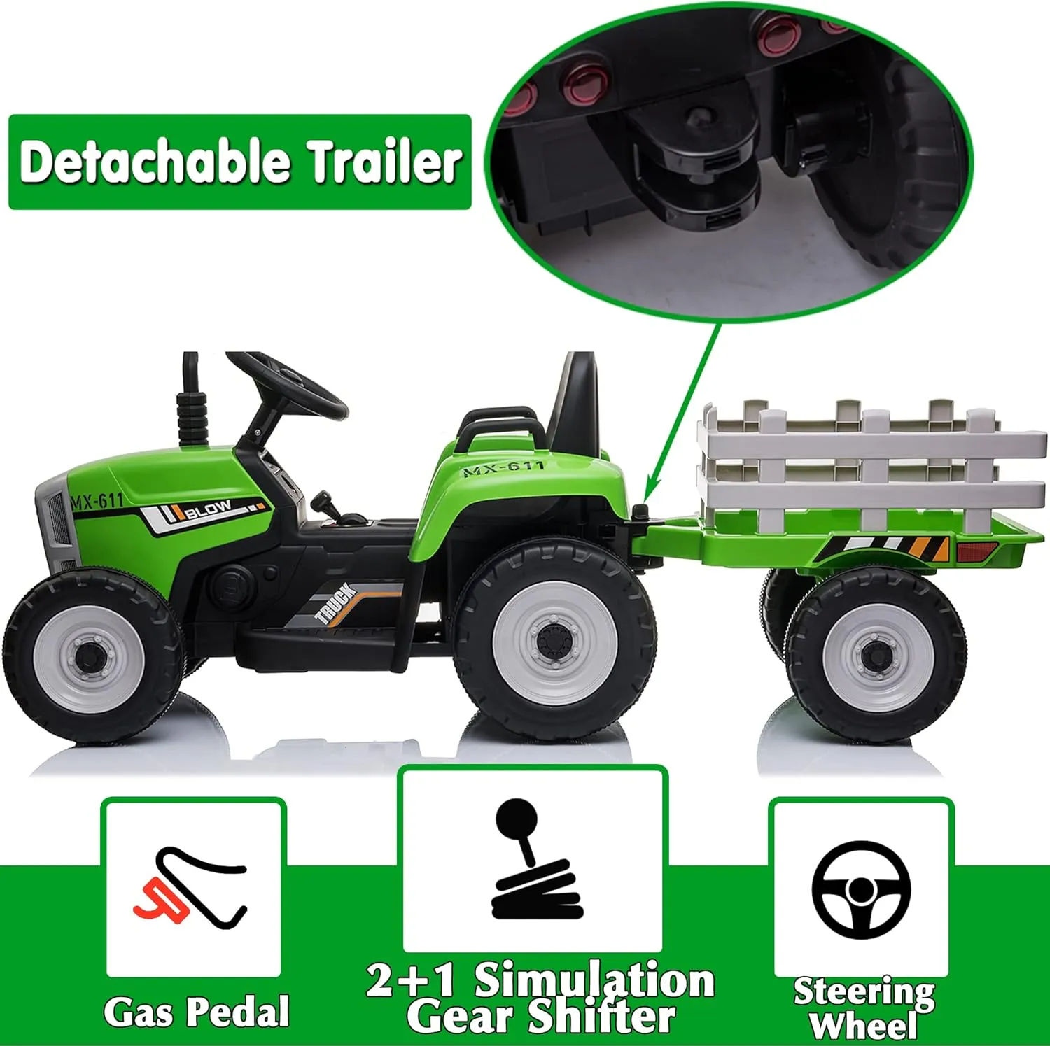 sopbost 12V 7Ah Ride On Tractor Ride On Car with Remote Control Electric Car with Trailer Battery Powered Ride On Toys Car for Kids Boys Girl, Music Play, Green