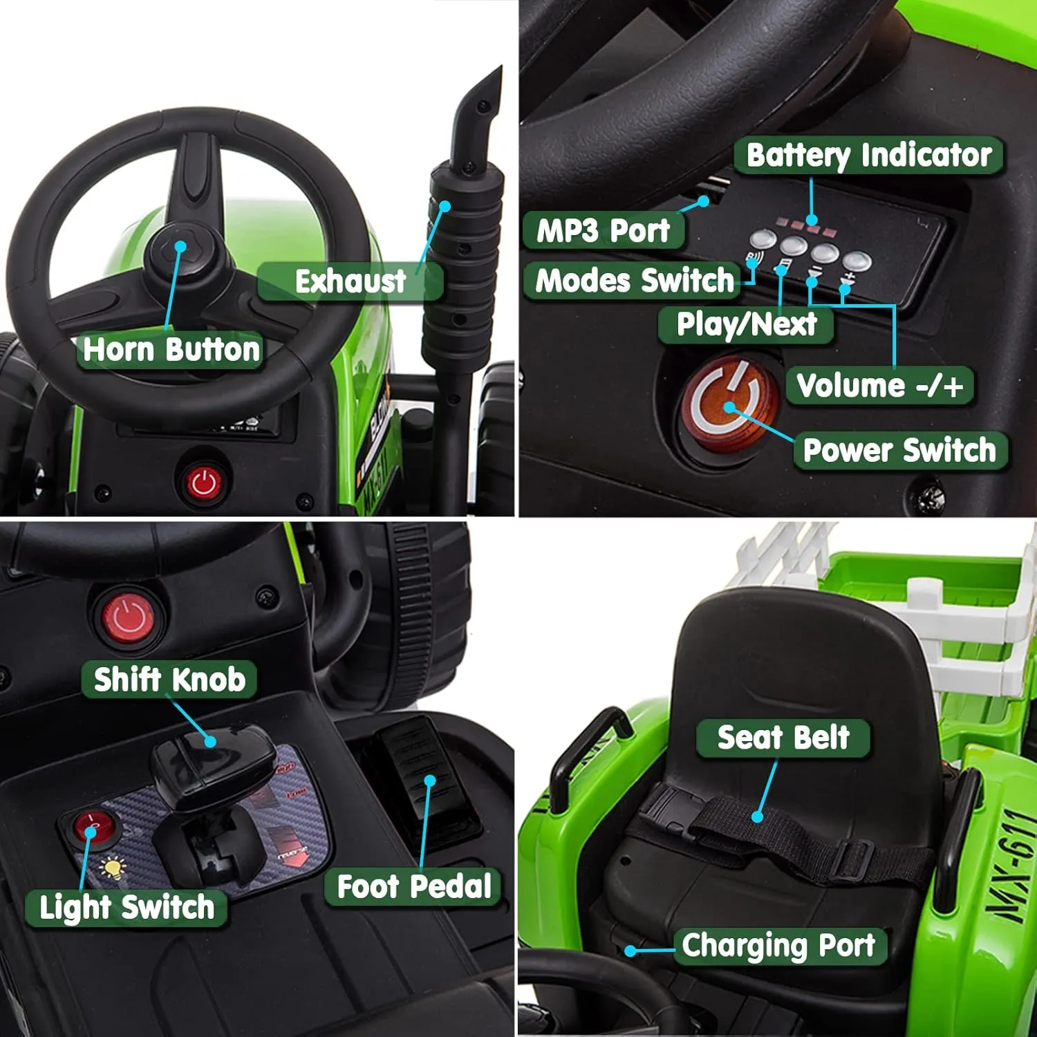 sopbost 12V 7Ah Ride On Tractor Ride On Car with Remote Control Electric Car with Trailer Battery Powered Ride On Toys Car for Kids Boys Girl, Music Play, Green