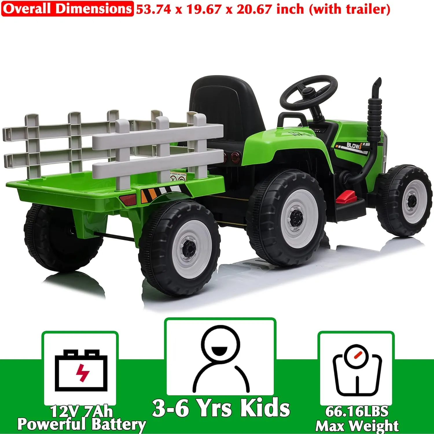 sopbost 12V 7Ah Ride On Tractor Ride On Car with Remote Control Electric Car with Trailer Battery Powered Ride On Toys Car for Kids Boys Girl, Music Play, Green