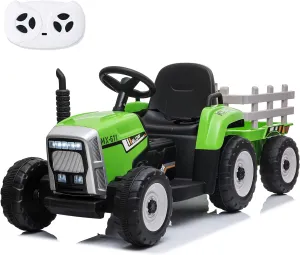 sopbost 12V 7Ah Ride On Tractor Ride On Car with Remote Control Electric Car with Trailer Battery Powered Ride On Toys Car for Kids Boys Girl, Music Play, Green