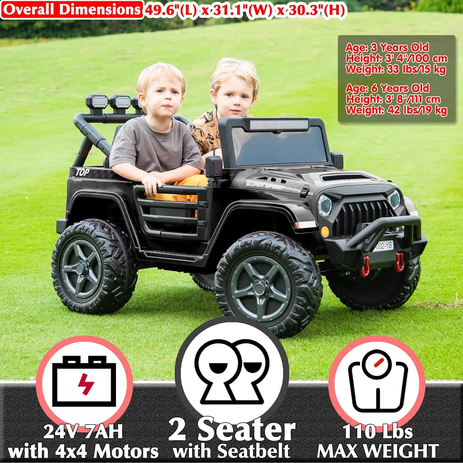 sopbost Kids 24V Ride On Toys for Boys Girls 2 Seater 4x4 Electric Vehicles Battery Powered 4 Wheels Side by Side Truck Car with Remote Control, 4x75W Motors, EVA Rubber Tires, Black