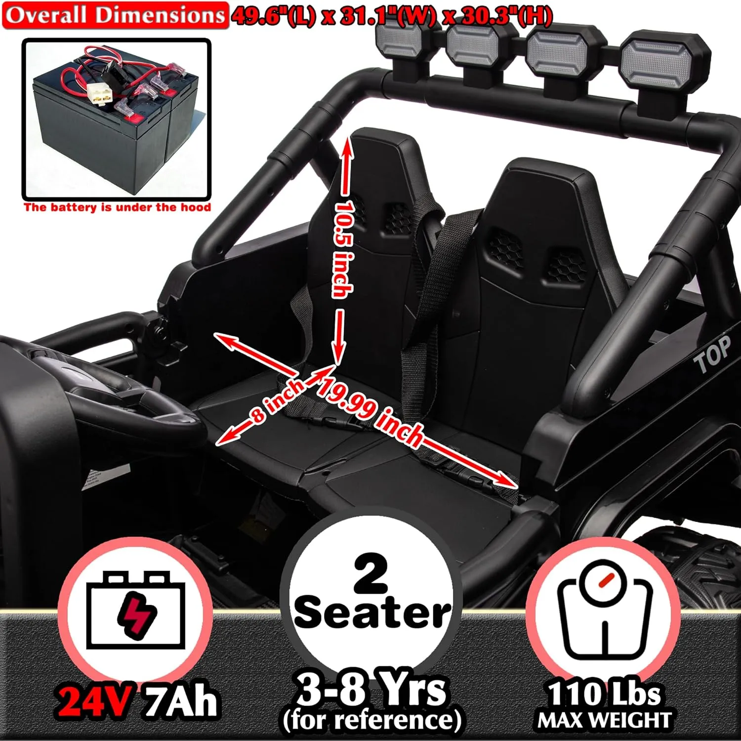 sopbost Kids 24V Ride On Toys for Boys Girls 2 Seater 4x4 Electric Vehicles Battery Powered 4 Wheels Side by Side Truck Car with Remote Control, 4x75W Motors, EVA Rubber Tires, Black