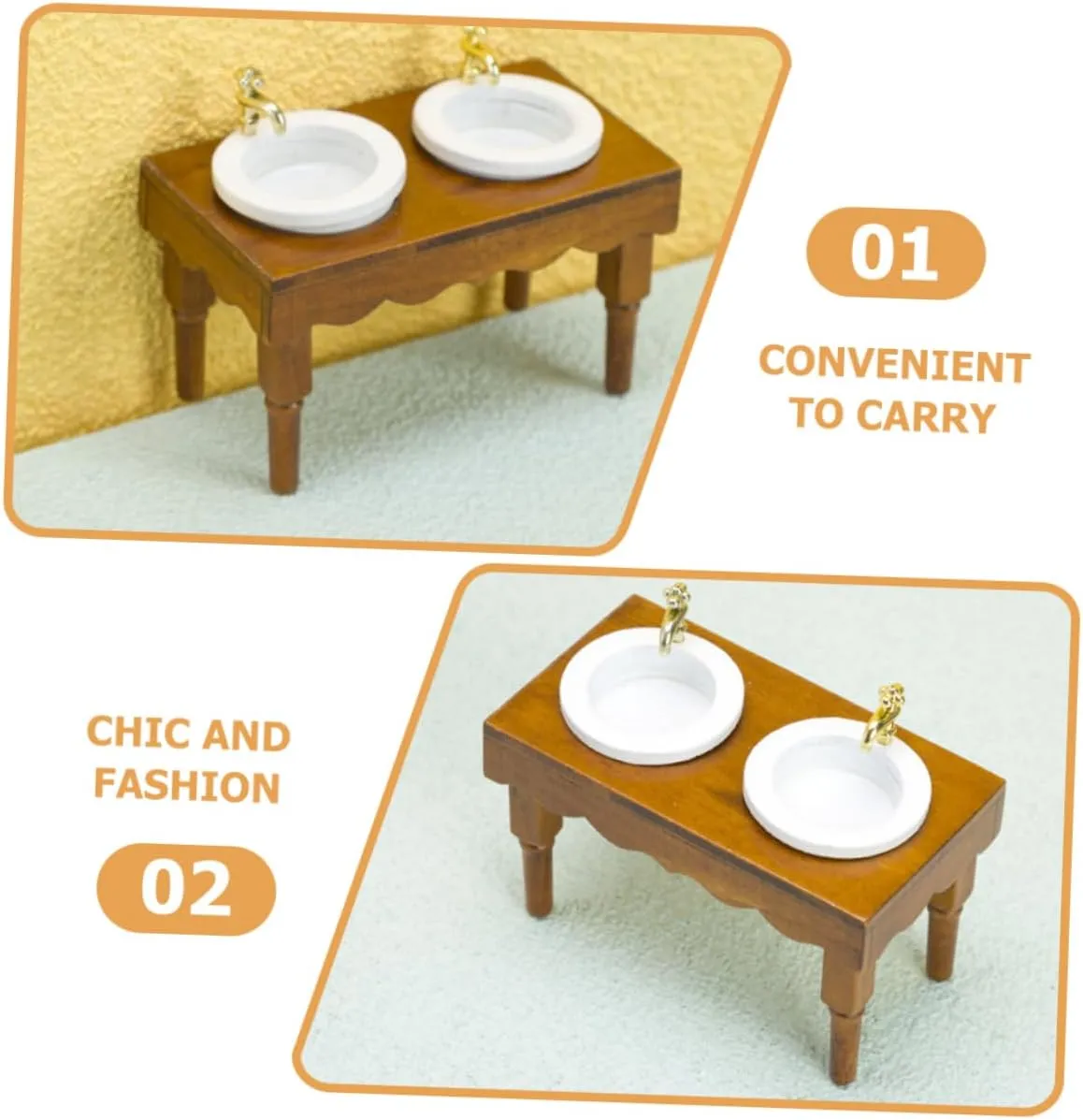 Sosoport 3pcs Miniature Bathroom Table Modern Dollhouse Wash Basin Compact Wooden Wash Sink