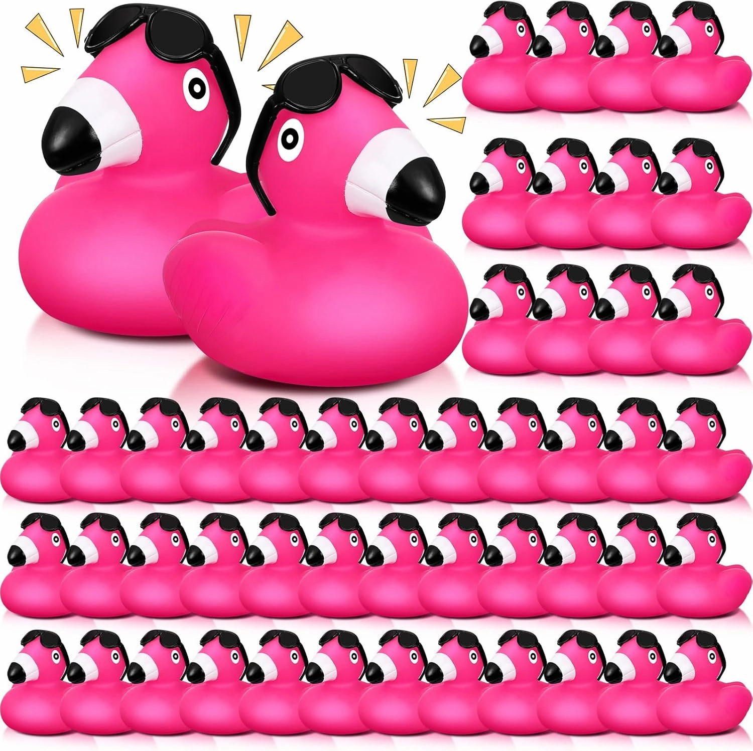 Sotiff 48 Pcs Mini Flamingo Rubber Ducks with 48 Sunglasses Bulk Pink Flamingo Duckies Float Squeaky Swimming Pool Holiday Ducky for Car Dashboard Party Favors Gift Cake Decorations
