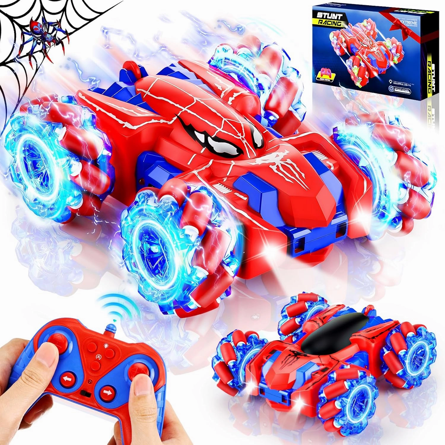 Spider Toys for Boys Age 3-4 4-6 6-8 8-12,Rechargeable Remote Control Car with Lights Double-Sided Driving Indoor Outdoor Toy for Boys Girls,Birthday Gifts Toys for 3 4 5 6 7 8 9 10 12 Year Old Boy