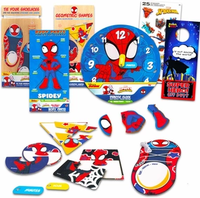 Spidey and Friends 4 Pack Wood Puzzles - Bundle with 4 Spiderman Educational Puzzles with Shapes, Body Parts, Shoe Tying, Time-Telling Plus Stickers | Spidey and Friends Educational Toys for Toddlers