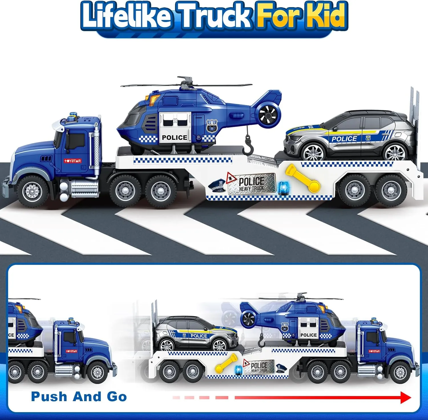 SpringFlower 21" Semi Truck Toy, 3 4 5 6 Year Old Boys Toddlers Police Truck Toy with Racing Car and Helicopter, 3 in 1 Police Car Toy, Birthday Gifts for Kids Child 3 4 5 6 Years Old