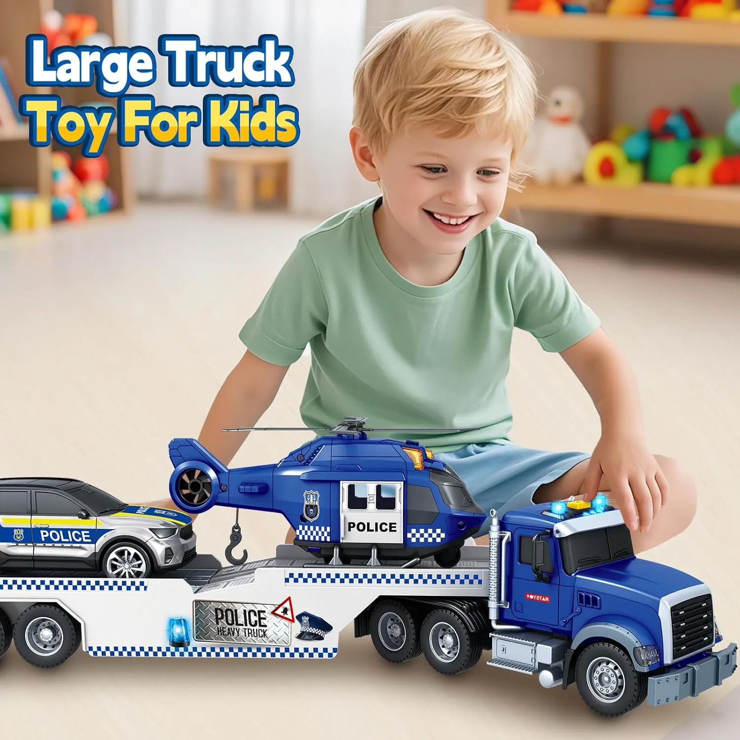 SpringFlower 21" Semi Truck Toy, 3 4 5 6 Year Old Boys Toddlers Police Truck Toy with Racing Car and Helicopter, 3 in 1 Police Car Toy, Birthday Gifts for Kids Child 3 4 5 6 Years Old