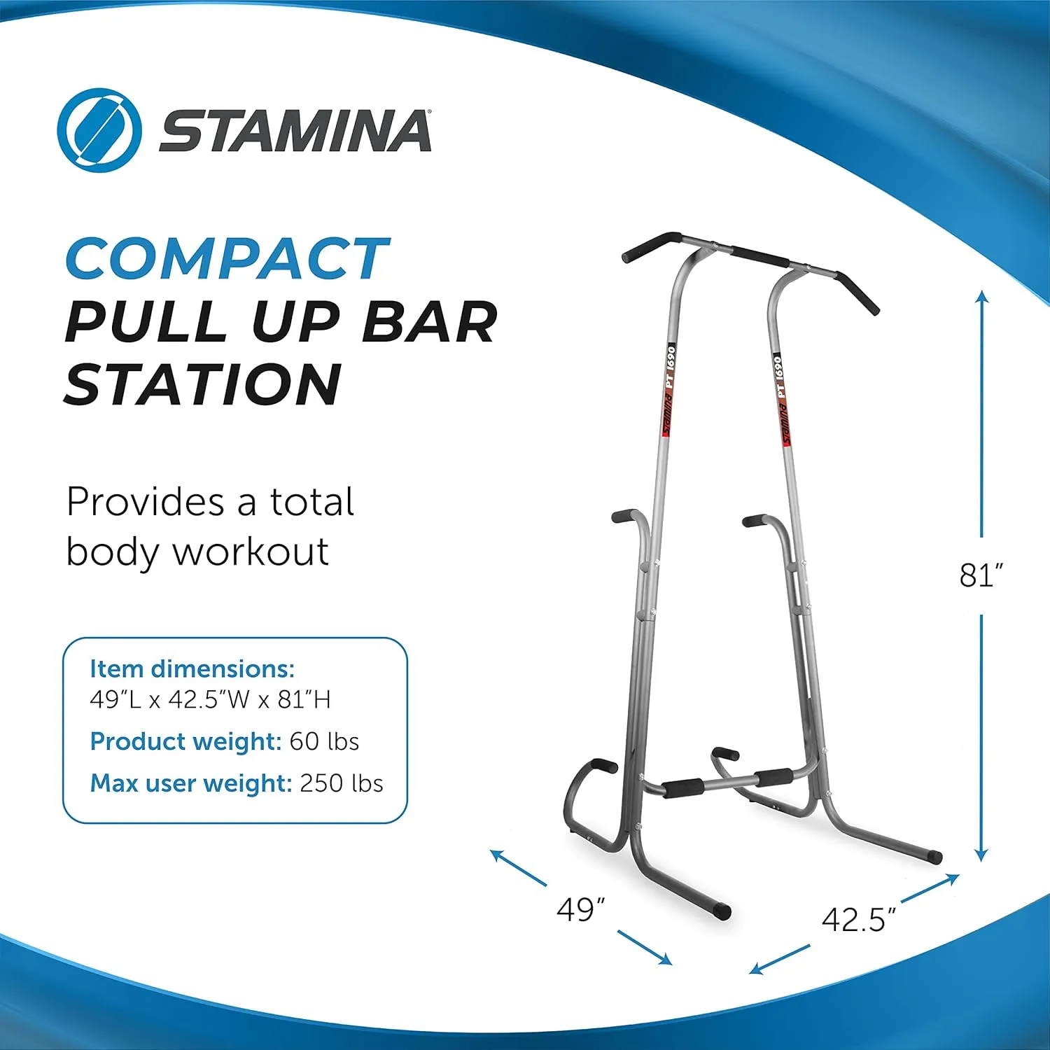 Stamina Power Tower - Dip Bar Pull Up Bar Station with Smart Workout App - Dip Bars for Home Workout - Up to 250 lbs Weight Capacity