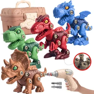 STEM Dinosaur Take Apart Toys with Electric Drill and Screwdriver – 4 Pack Construction Set with Storage Box for Kids Ages 3-8 – Buildable Dino Figures Boys Girls Birthday Activity Kit