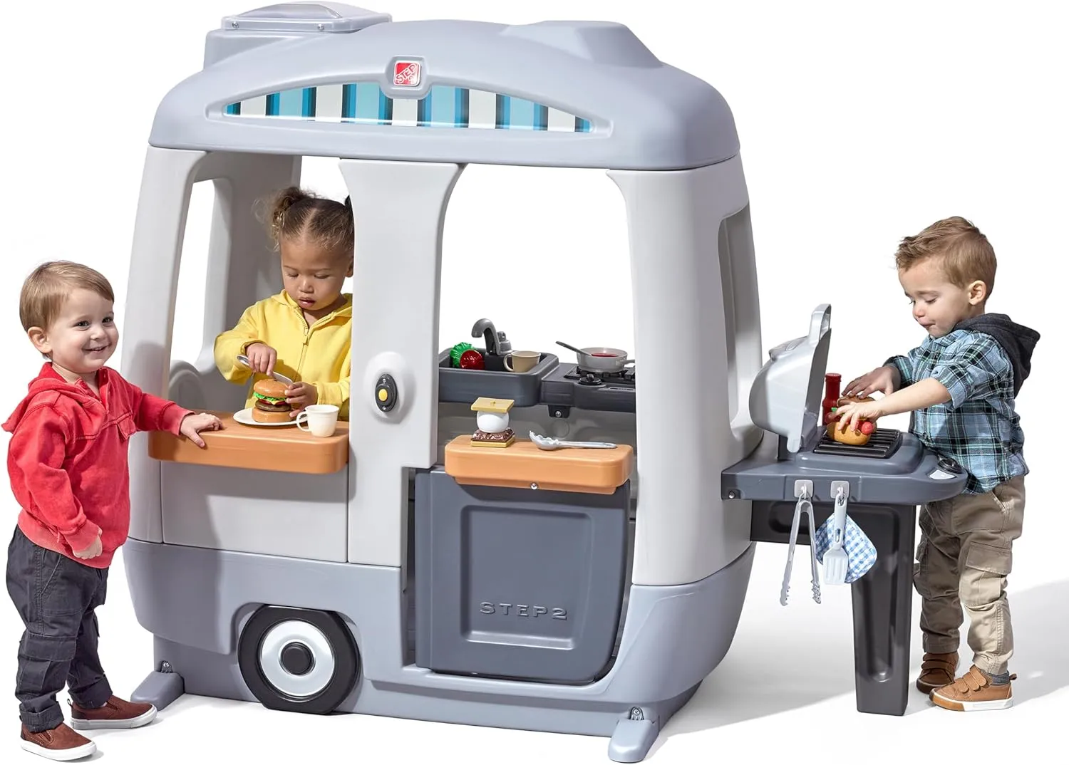Step2 Adventure Camper Kids Playhouse, Indoor/Outdoor Playset & Kitchenette, Interactive Play with Sounds, Includes 52 Piece Toy Accessories, Made of Durable Plastic, For Toddlers 2  Years Old