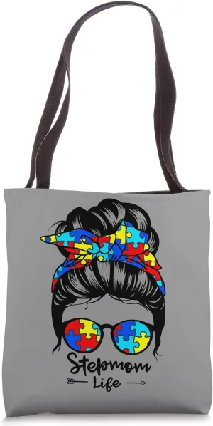 Stepmom Life Messy Bun Hair Autism Step-Mom Autism Awareness Tote Bag