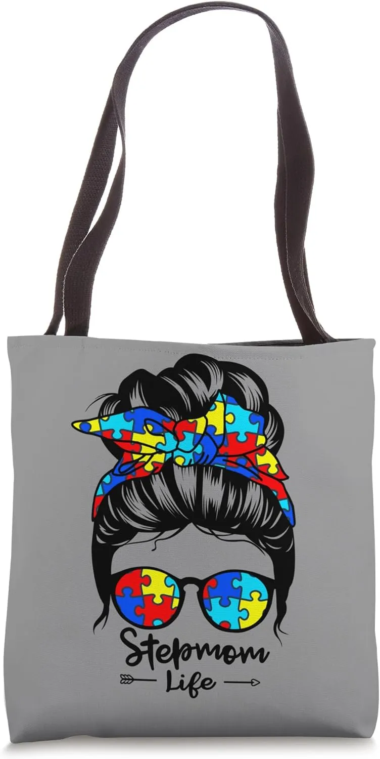 Stepmom Life Messy Bun Hair Autism Step-Mom Autism Awareness Tote Bag