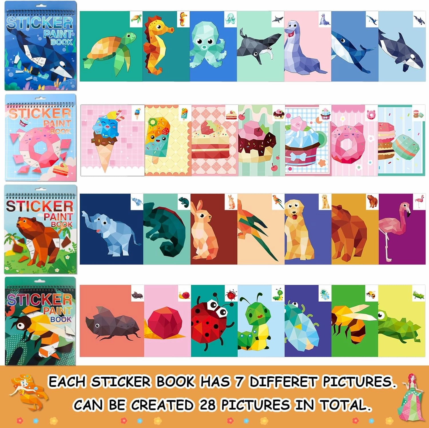 Sticker by Number Book for Kids Ages 4-8, 8-12 and Adults Animals, Ocean, Desserts, Insects Sticker Paint Puzzle Activity Books for Kids Girls Boys Birthday Party Favors Travel Toys