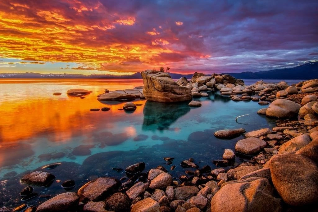 Stunning Lake Tahoe Rocky Shore Colorful Sunset Photo Beach Palm Landscape Pictures Ocean Scenic Scenery Tropical Nature Photography Paradise Scenes Cool Wall Art Print Poster 36x24