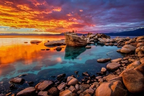 Stunning Lake Tahoe Rocky Shore Colorful Sunset Photo Beach Palm Landscape Pictures Ocean Scenic Scenery Tropical Nature Photography Paradise Scenes Cool Wall Art Print Poster 36x24