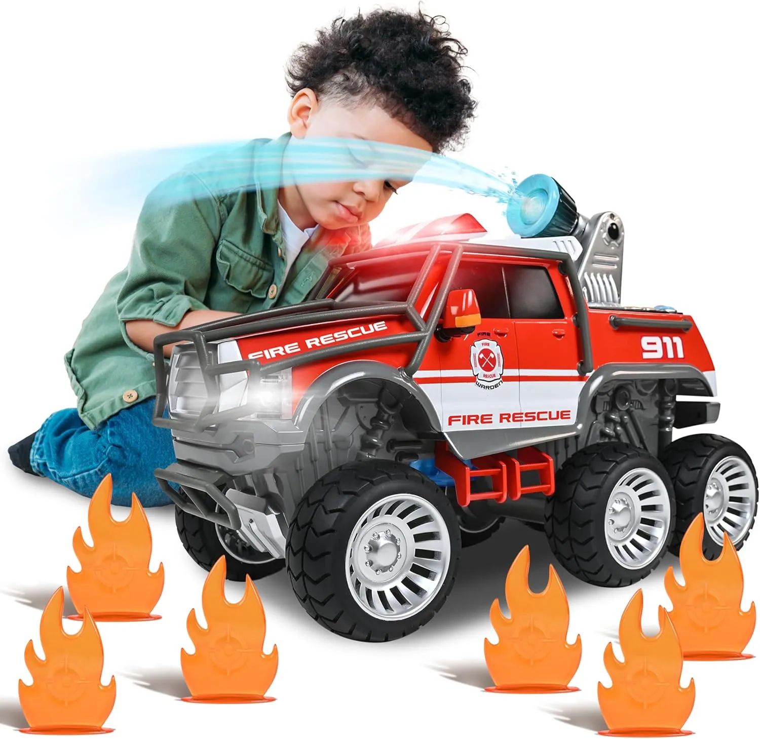 Sunny Days Entertainment Maxx Action Fire Rescue Off Road Over 14" Firetruck Toy with Working Water Cannon and Targets, Lights, Sounds, Motorized Drive and Shooting Water, Extra Large