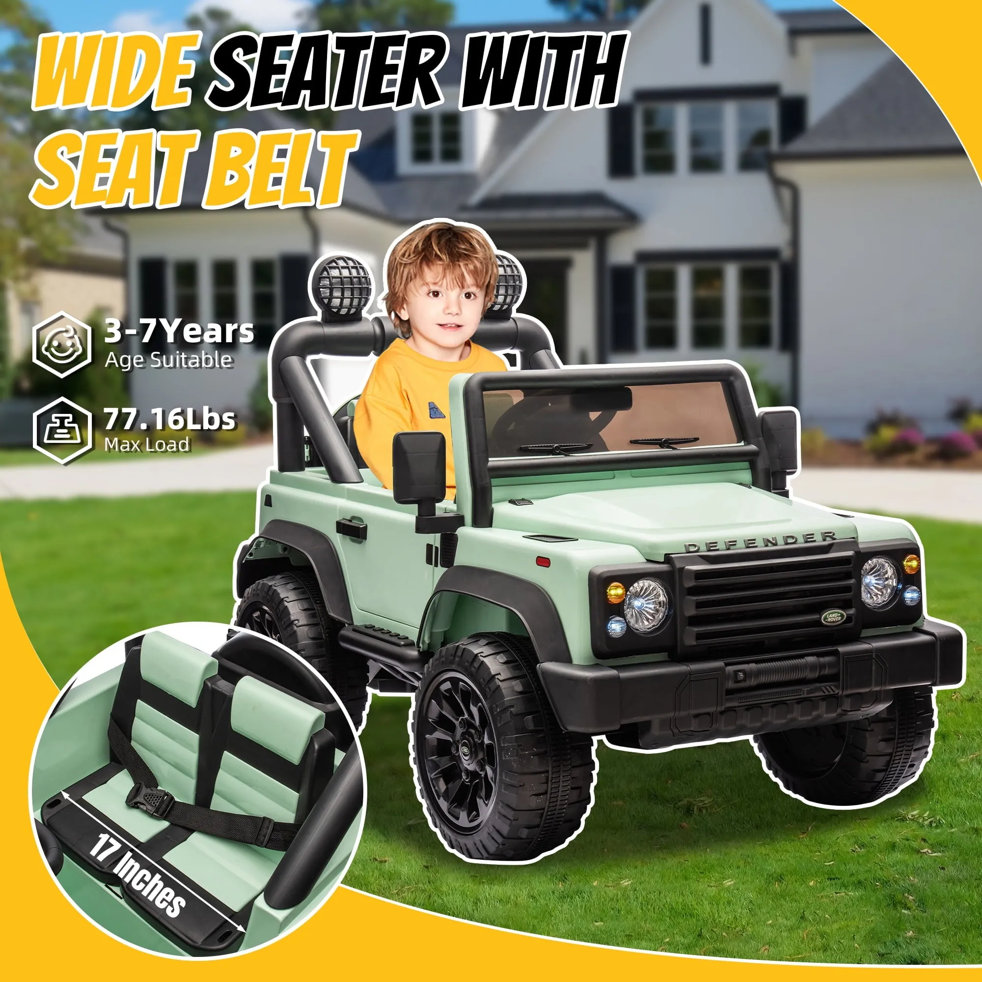 SUSIELADY 24V Kids Ride on Car, Licensed Land Rover Defender Volta 5008, with 17" Width Seat, Remote Control, Bluetooth, MP3, Music, for Kids Aged 3 