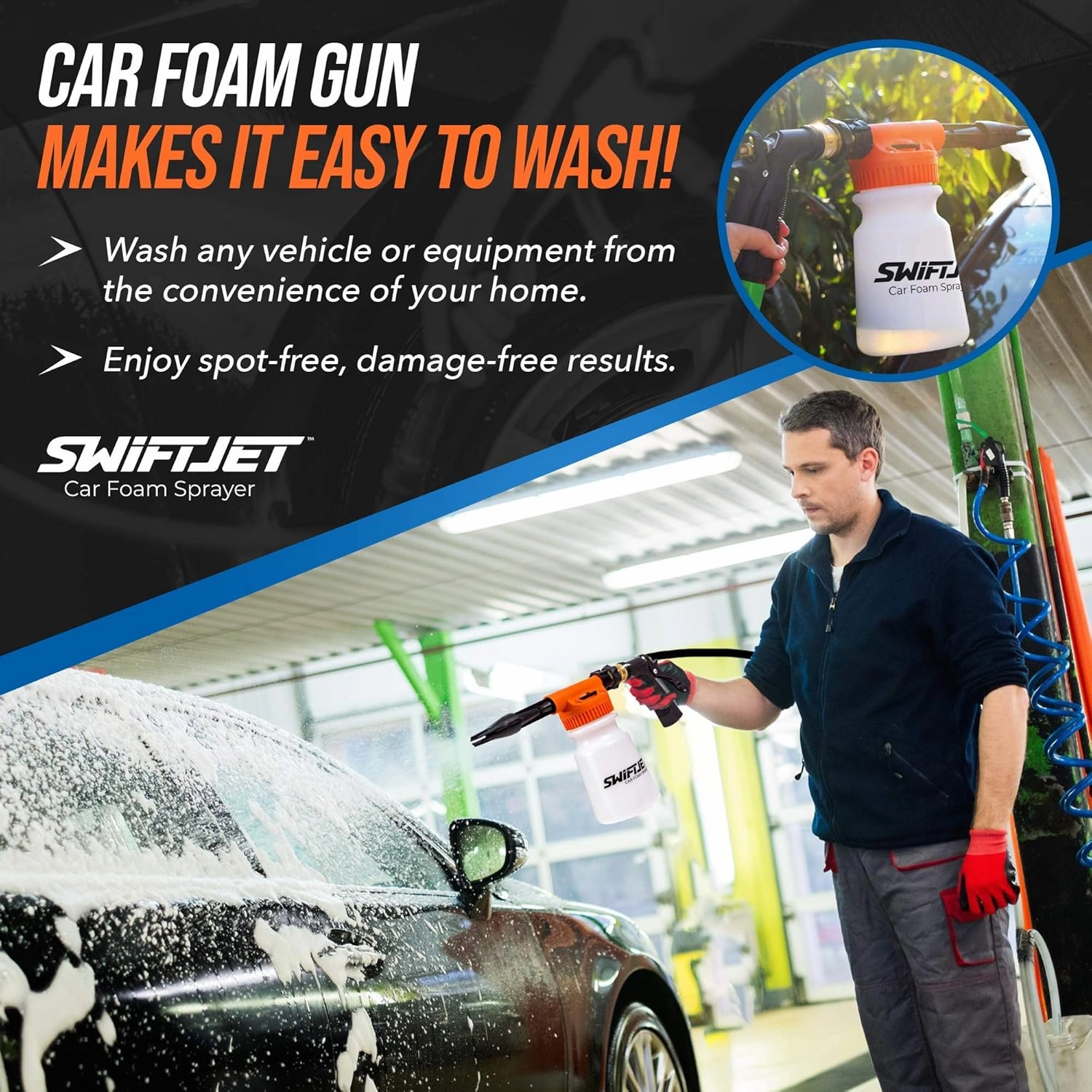 SwiftJet Car Wash Foam Gun   Microfiber Wash Mitt - Car Foam Sprayer - Car Wash Kit - Foam Cannon Garden Hose Sprayer - - Car Accessories for Men - Snow Foam Blaster (Orange Foam Gun with Mitt)