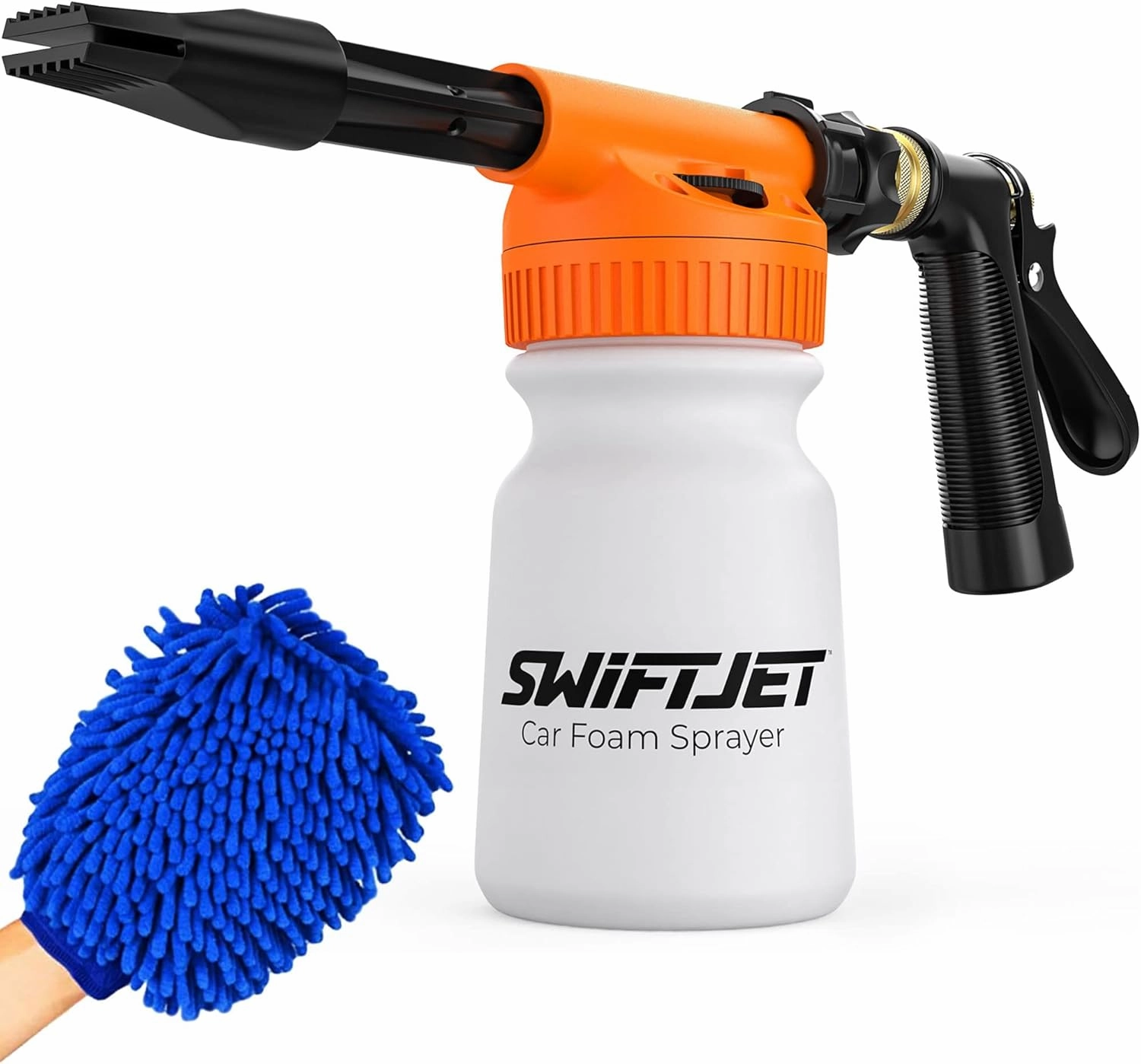 SwiftJet Car Wash Foam Gun   Microfiber Wash Mitt - Car Foam Sprayer - Car Wash Kit - Foam Cannon Garden Hose Sprayer - - Car Accessories for Men - Snow Foam Blaster (Orange Foam Gun with Mitt)