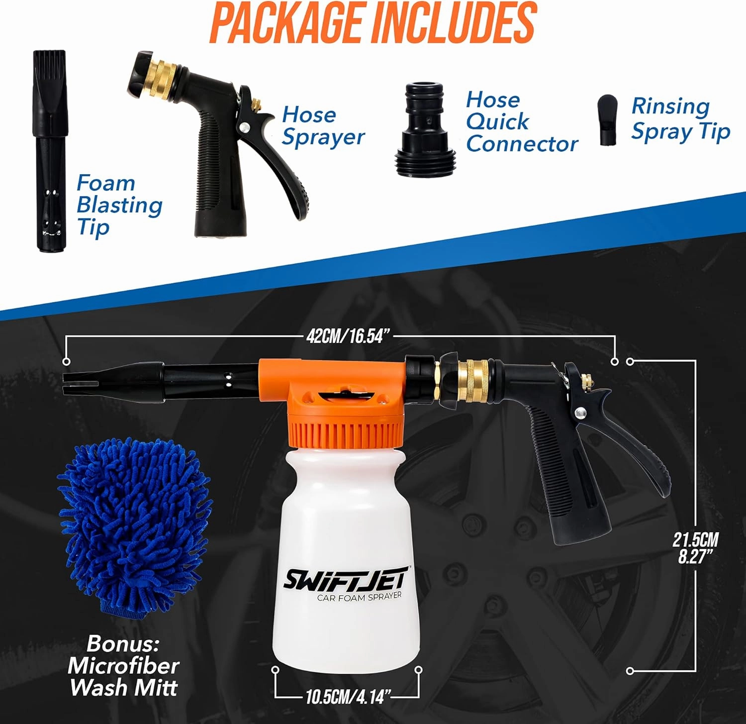 SwiftJet Car Wash Foam Gun   Microfiber Wash Mitt - Car Foam Sprayer - Car Wash Kit - Foam Cannon Garden Hose Sprayer - - Car Accessories for Men - Snow Foam Blaster (Orange Foam Gun with Mitt)