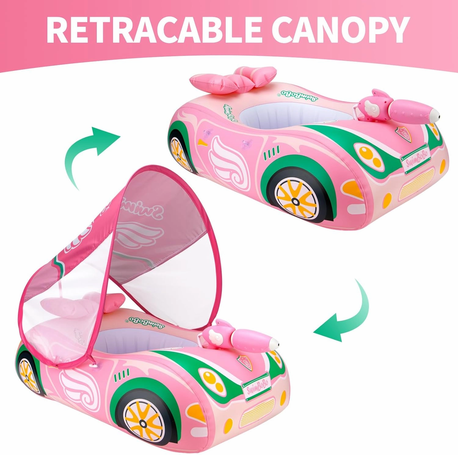 Swimbobo Toddler Pool Float Inflatable Car Baby Swim Float with Adjustable Sun Canopy and Safety Seat Pool Toys for Kids 3  Years Old