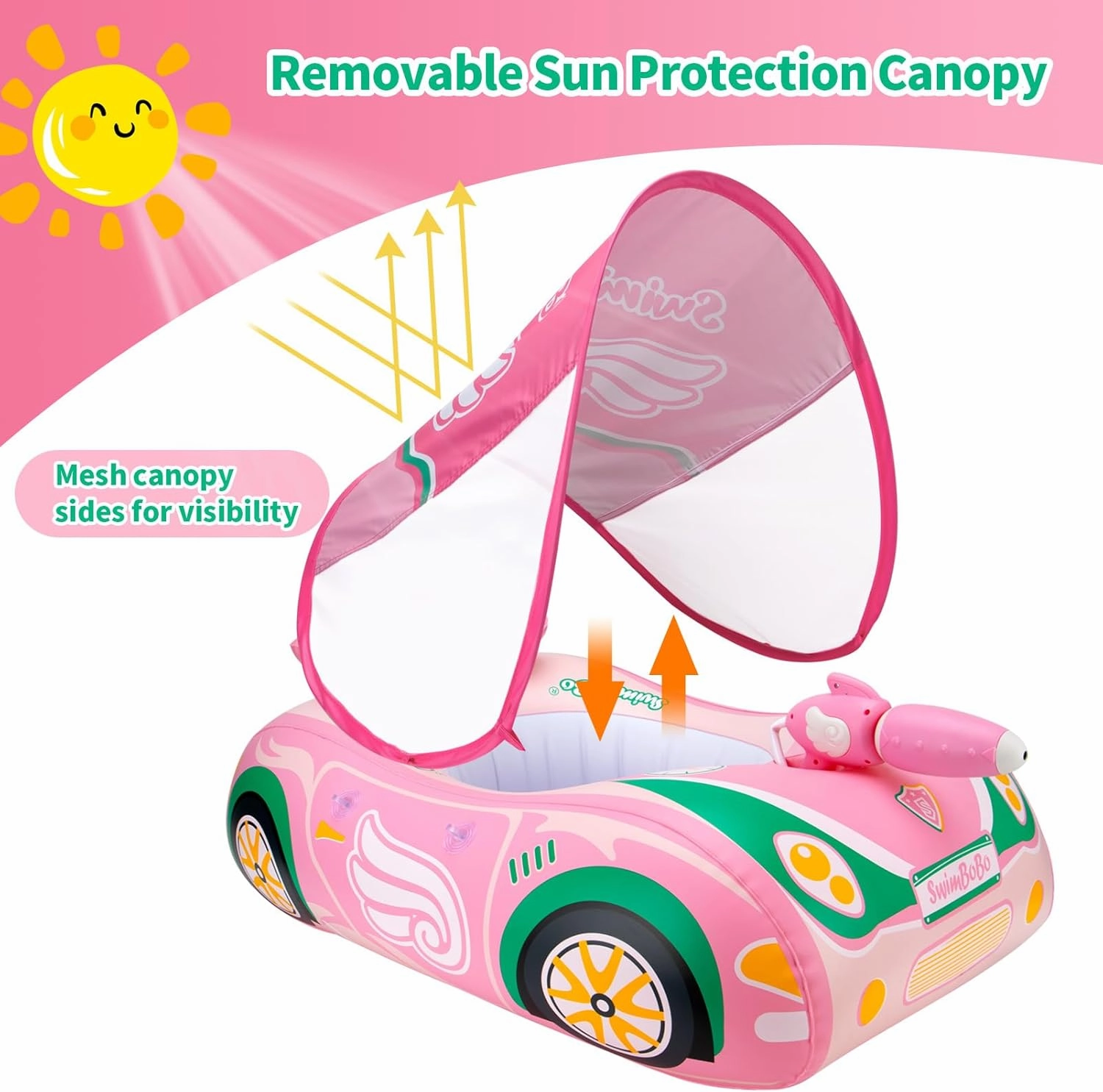 Swimbobo Toddler Pool Float Inflatable Car Baby Swim Float with Adjustable Sun Canopy and Safety Seat Pool Toys for Kids 3  Years Old