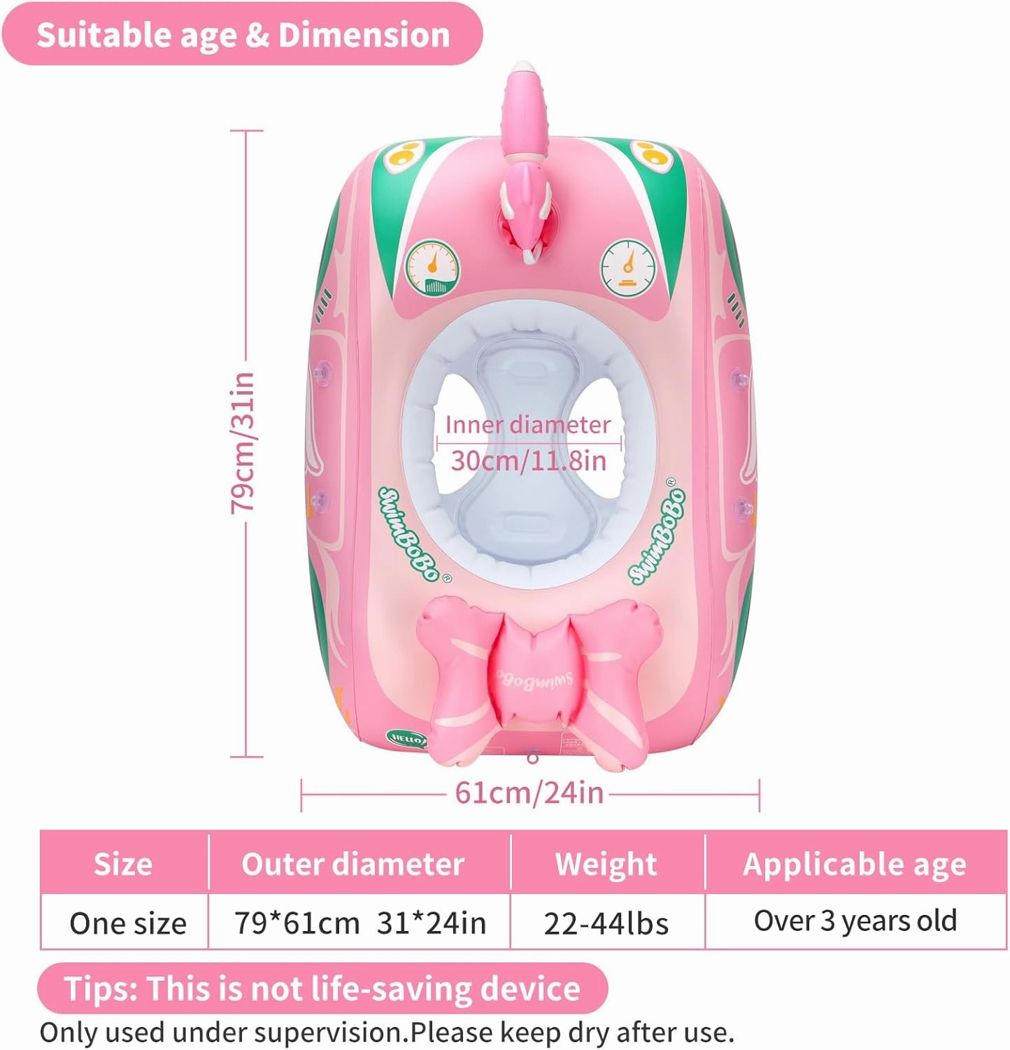 Swimbobo Toddler Pool Float Inflatable Car Baby Swim Float with Adjustable Sun Canopy and Safety Seat Pool Toys for Kids 3  Years Old