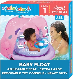 SwimSchool Baby Pool Float with Adjustable Canopy - 6-24 Months - Includes 5-Toy Interactive Play Console Safety Seat - Pink