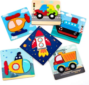 SYNARRY Wooden Vehicle Puzzles for 3 4 5 Years Old Boys Girls, Puzzles for Toddlers 2-4, Montessori Educational Toys Gifts with 6 Vehicles Transportation, Vibrant Color Shapes