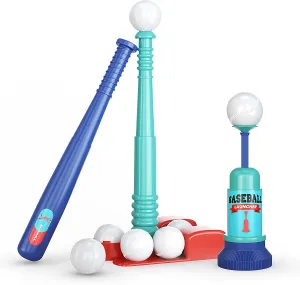T Ball Stand for Kids and Toddlers 1-3, 3-5, 5-8. Baseball Set With 6 Large Balls, Adjustable Tball Batting Tee, and Pitching Machine. T-Ball Sets With Bat and Ball