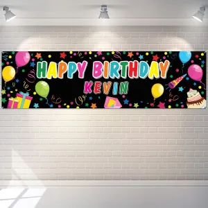 Tatuo Personalized Birthday Banner with Name DIY Colorful Happy Birthday Banner Backdrop with Alphabet Stickers Custom Name Backdrop for Outdoor and Indoor Party Decoration(Black)