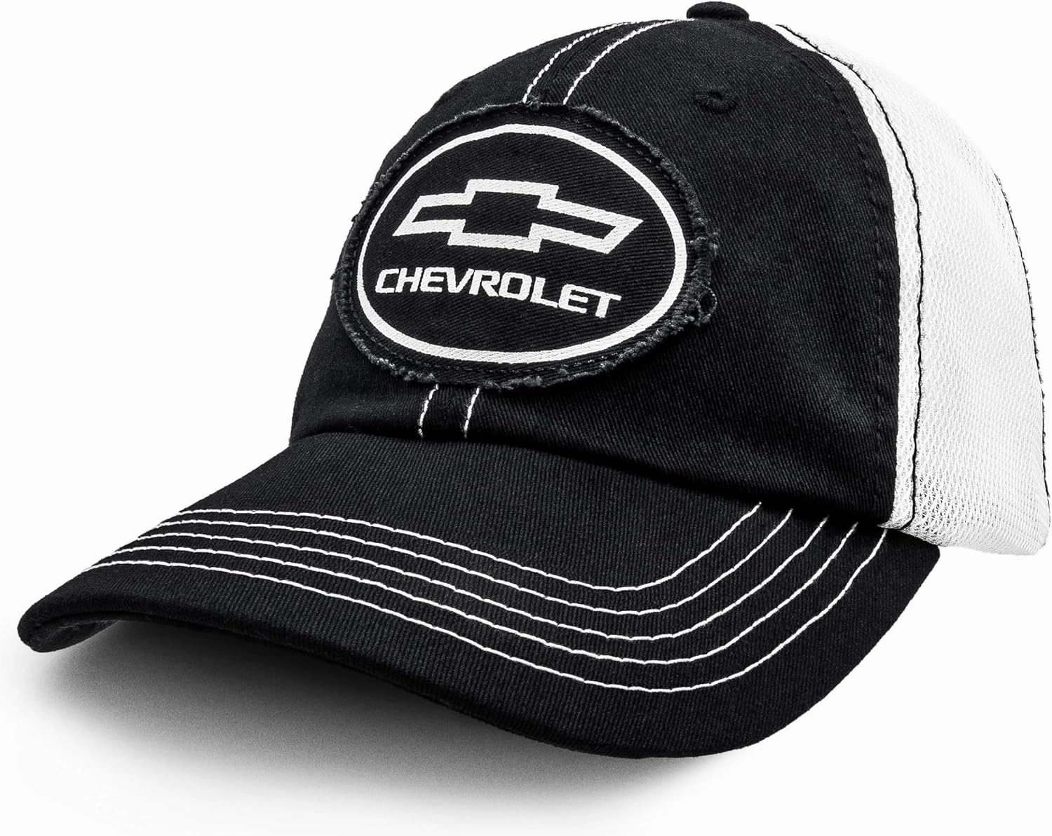 Tee Luv Chevy Bow Tie Logo Patch Hat | Vintage Trucker Style Hat | Licensed Chevrolet Design,Black, White