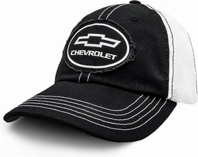 Tee Luv Chevy Bow Tie Logo Patch Hat | Vintage Trucker Style Hat | Licensed Chevrolet Design,Black, White