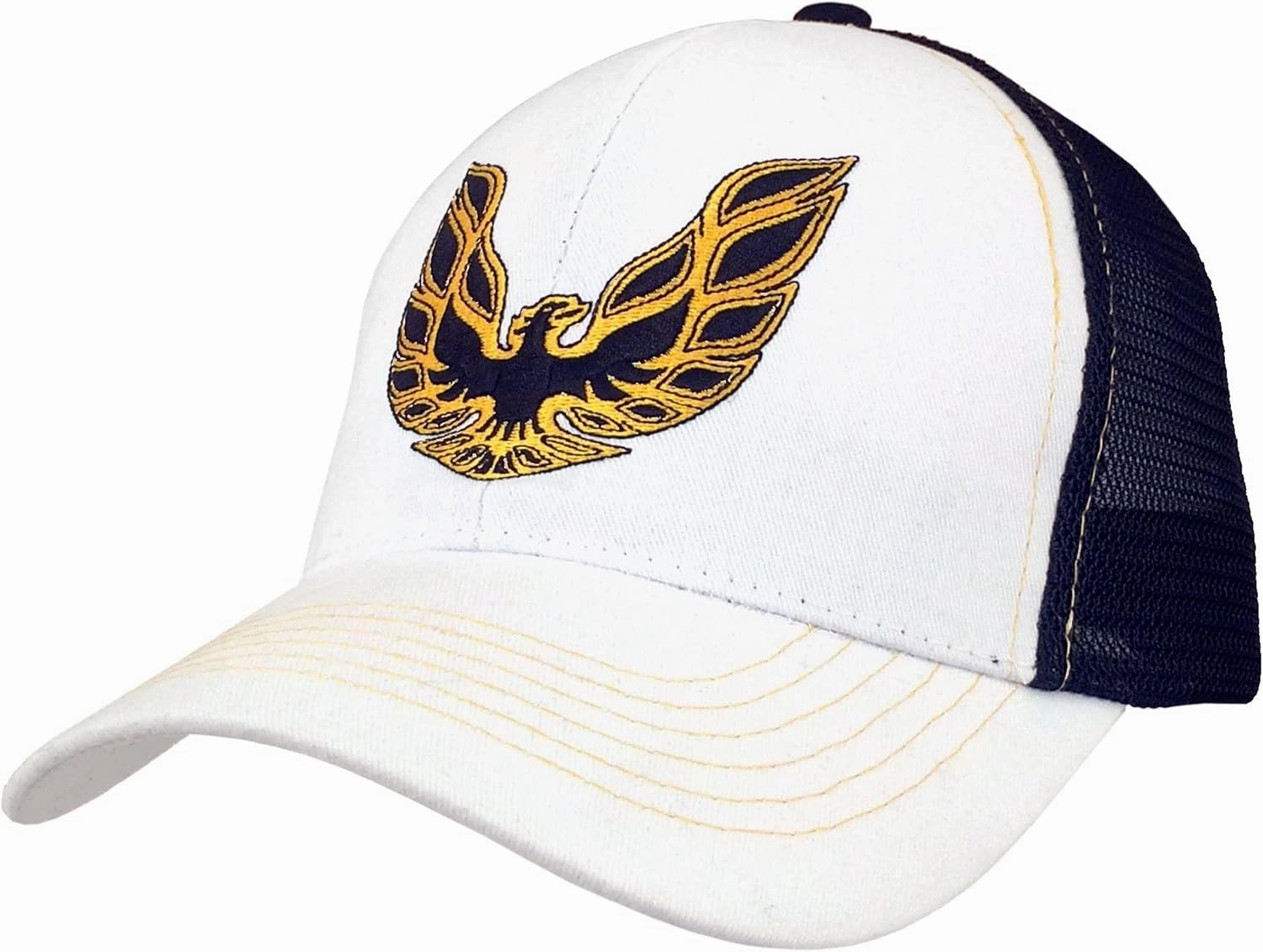 Tee Luv Pontiac Firebird Trucker Style Hat - Trans Am Car Emblem Baseball Cap (White and Black)