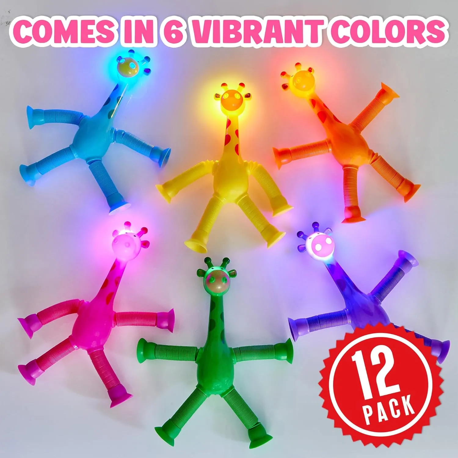 Telescopic Suction Cup Giraffe Toys for Toddler Restaurant Dinner Table Activities, Stretchy Animal Pop Tubes with LED Lights, Telescopic Sensory Toys for Kids with Autism Anxiety Ages 3 4 5 | 6 Pack