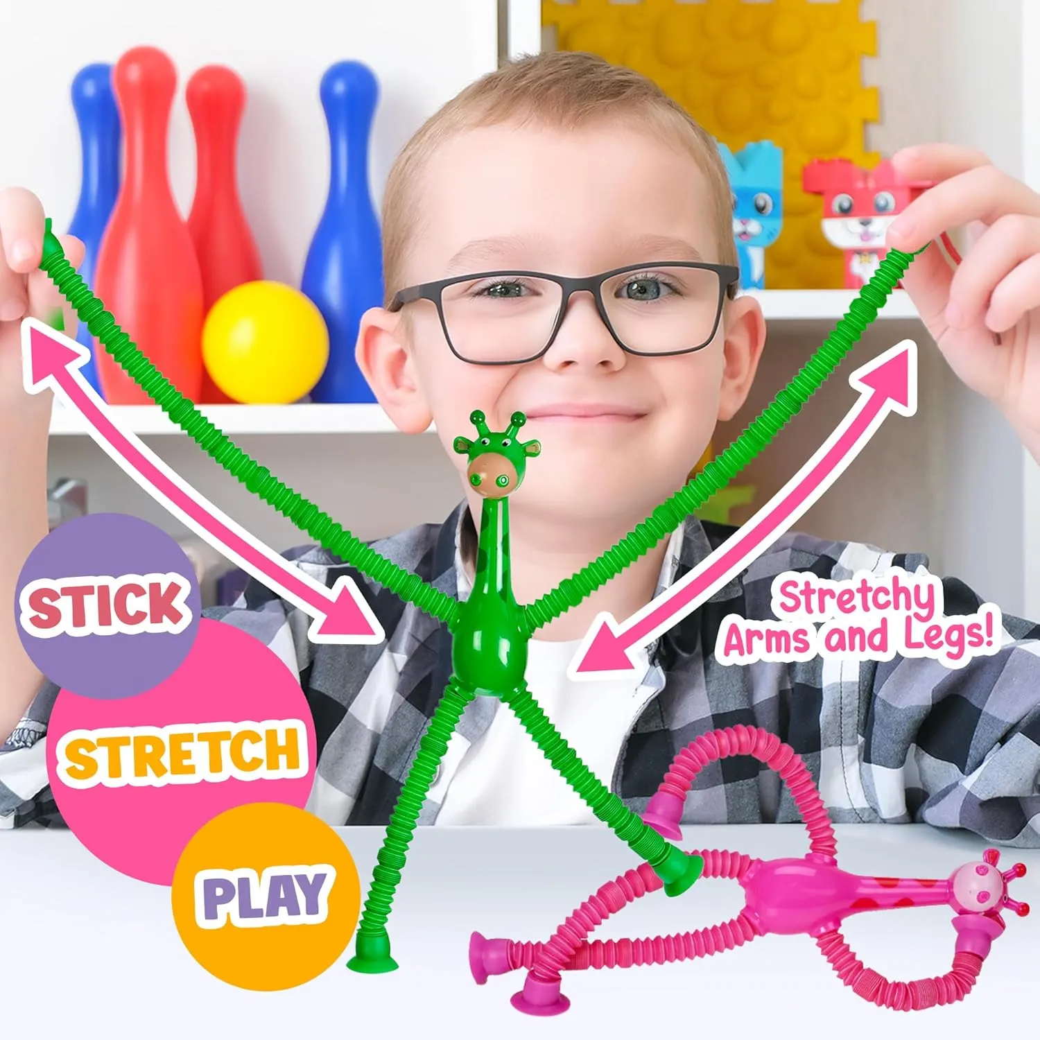 Telescopic Suction Cup Giraffe Toys for Toddler Restaurant Dinner Table Activities, Stretchy Animal Pop Tubes with LED Lights, Telescopic Sensory Toys for Kids with Autism Anxiety Ages 3 4 5 | 6 Pack