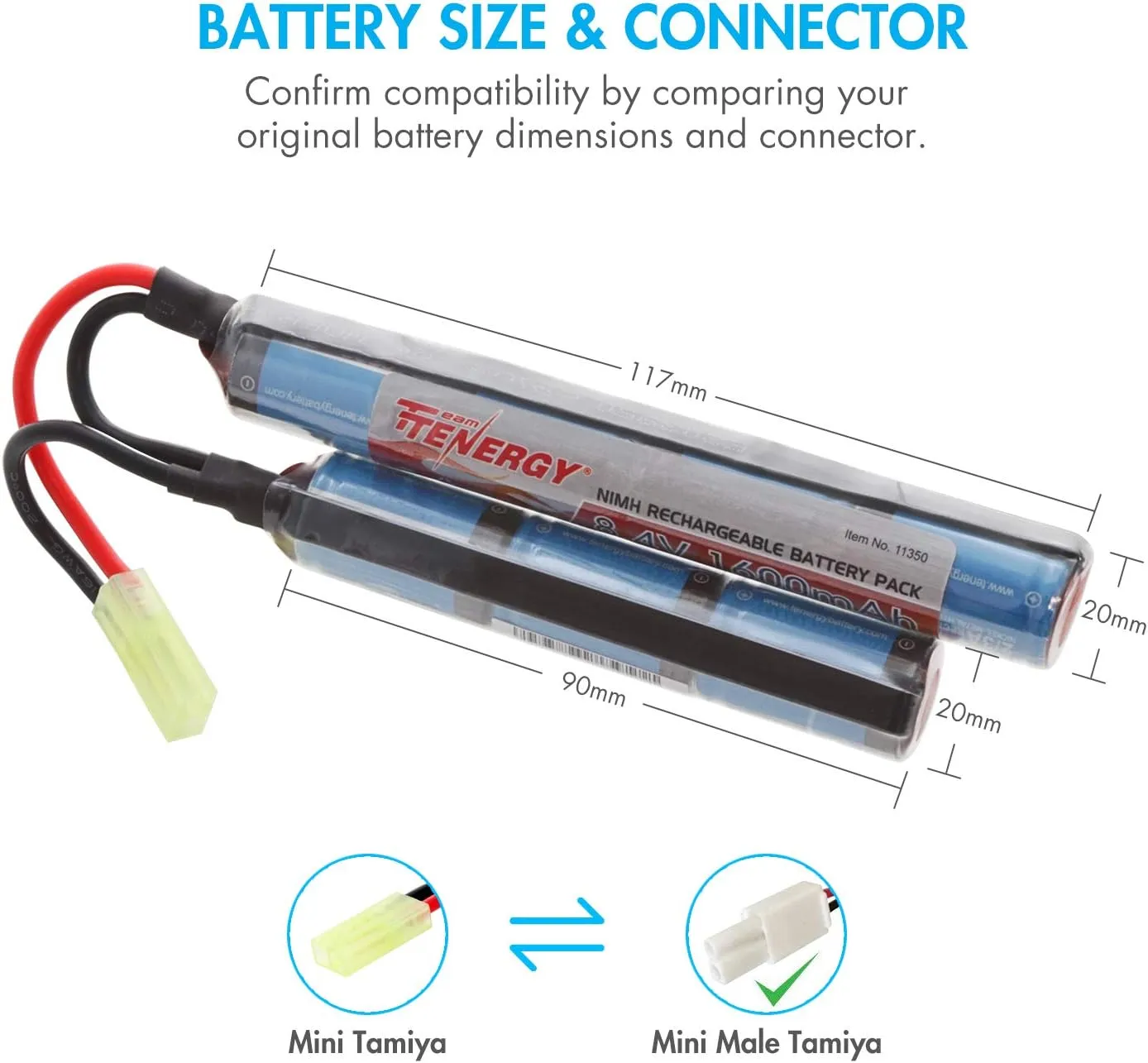 Tenergy 8.4V Airsoft Battery 1600mAh NiMH Nunchuck Battery w/ Mini Tamiya Connector Stick Shape Butterfly Battery for Airsoft Gun M4 Rifles